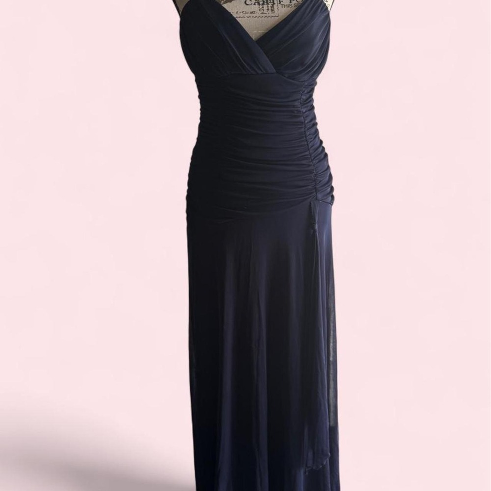 B. Smart Vintage Navy Blue Draped Floor Length Gown Ruched Prom Dress 7/8